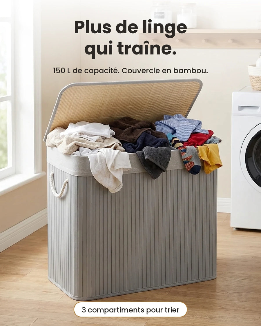 Panier à linge 150 L, 3 compartiments, couvercle bambou