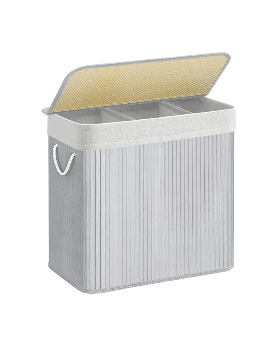 Panier à linge 150 L à 3 compartiments avec couvercle en bambou