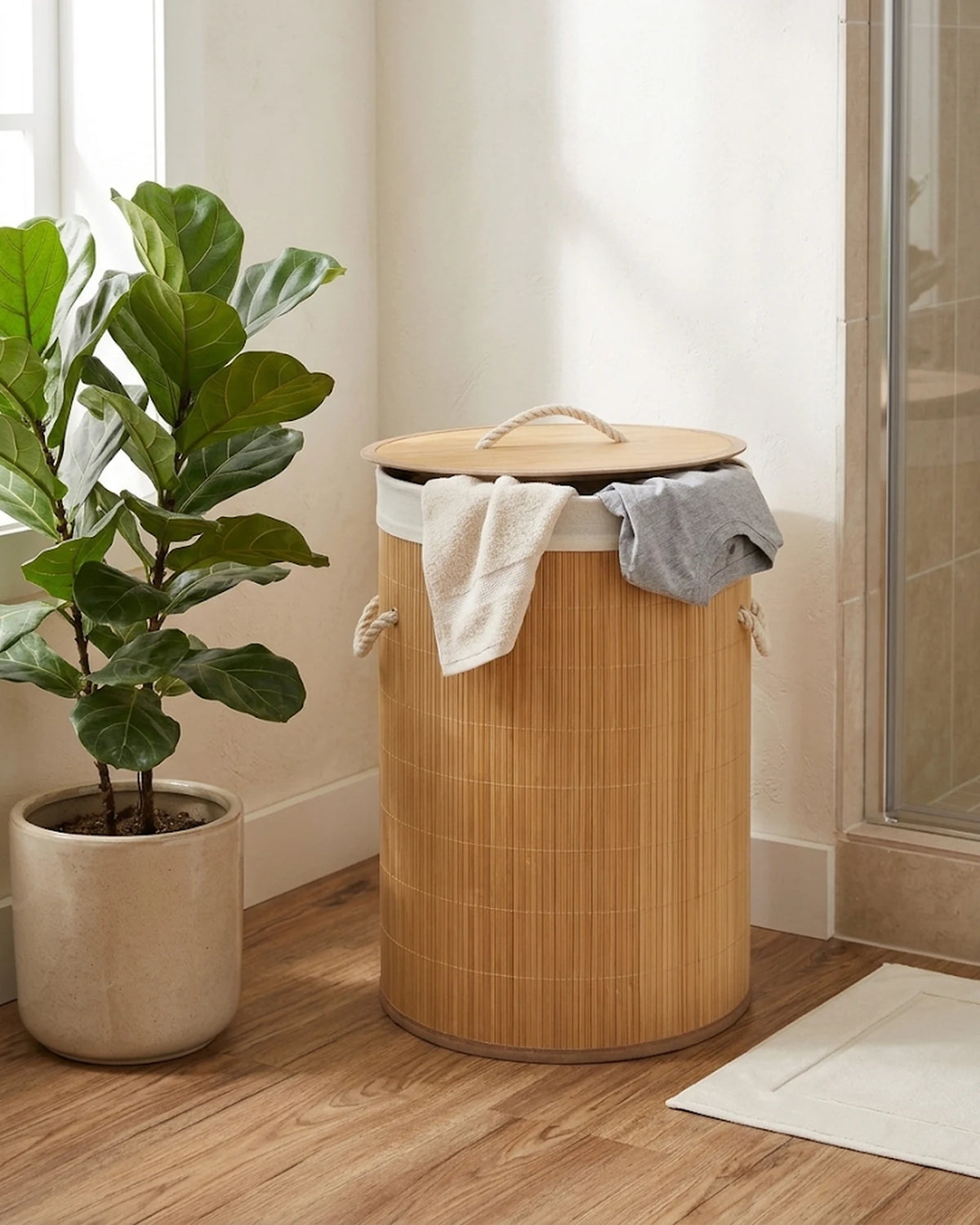 Panier à linge bambou 48 L pliable, couvercle