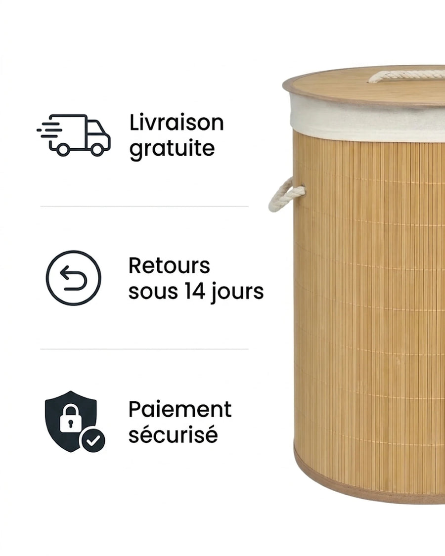 Panier à linge bambou 48 L pliable, couvercle