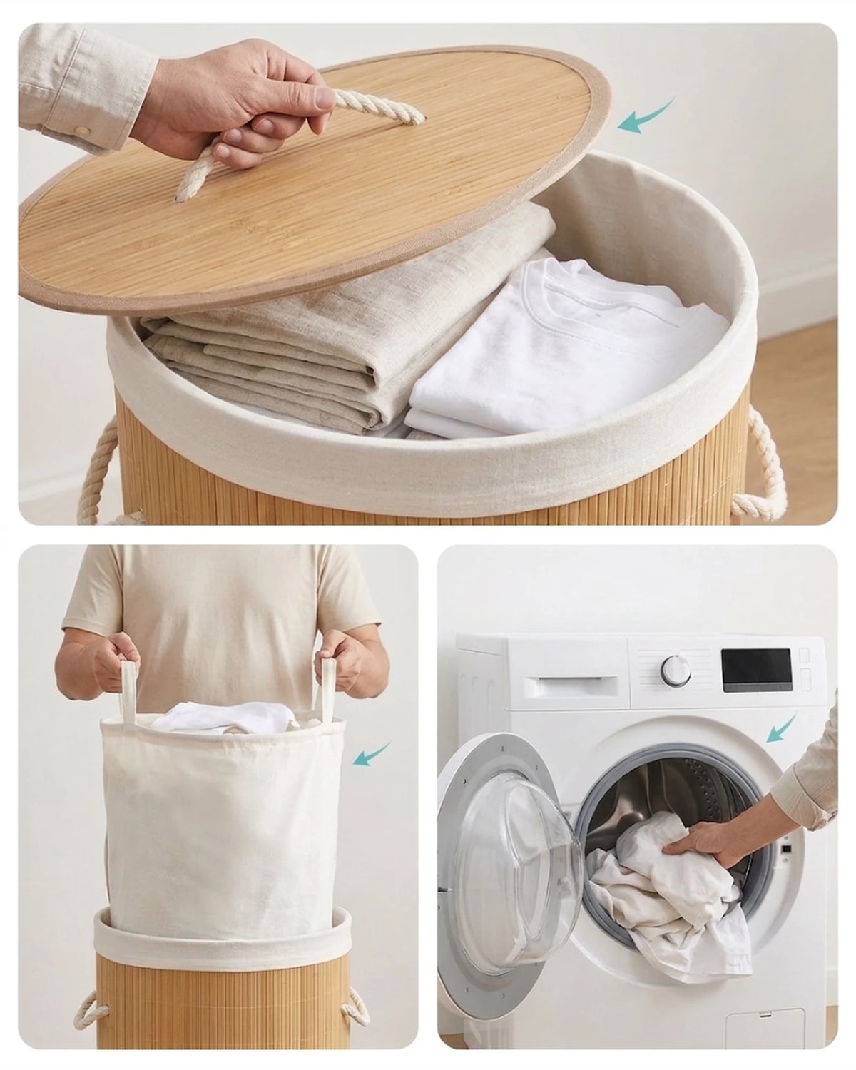 Panier à linge bambou 48 L pliable, couvercle