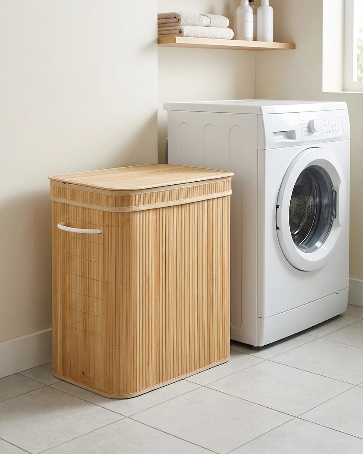 Panier à linge bambou 90 L à côté d'un lave-linge dans une buanderie, couvercle fermé