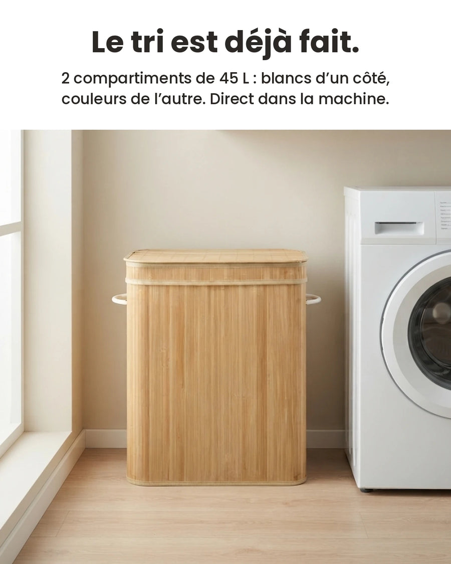 Panier à linge bambou 90 L à 2 compartiments dans une buanderie, à côté d'un lave-linge, avec 2 compartiments de 45 L