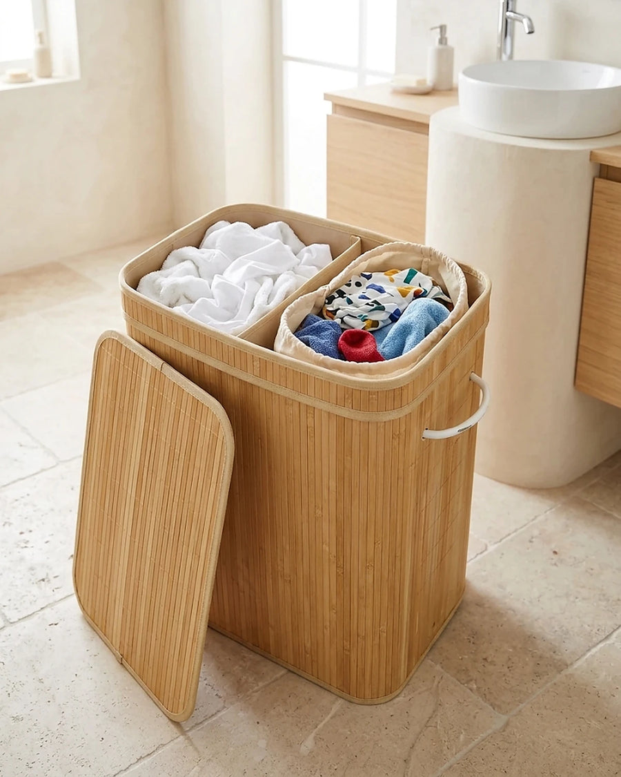 Panier à linge bambou 90 L, couvercle retiré, linge blanc et linge de couleur dans les compartiments