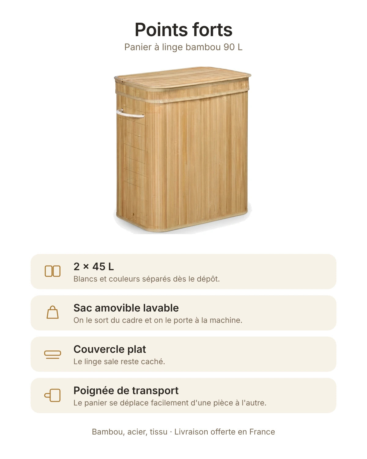 Points forts du panier à linge bambou 90 L : 2 compartiments de 45 L, sac amovible lavable, couvercle plat, poignée de transport