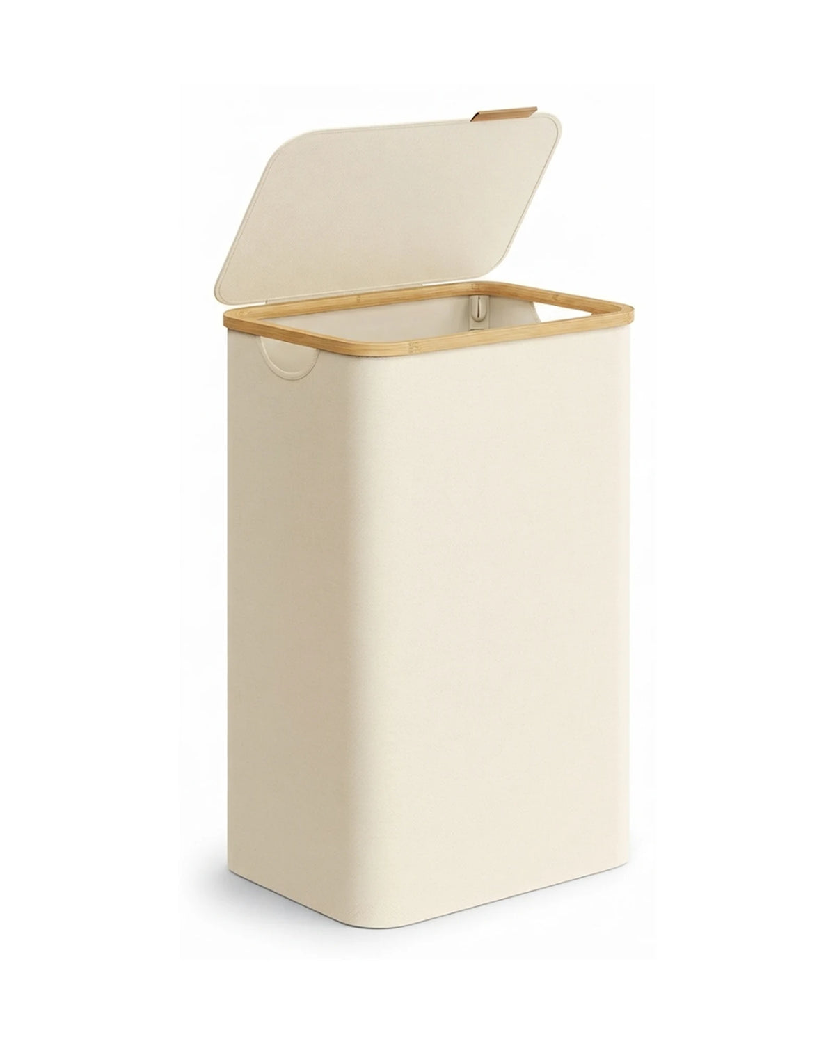 Panier à linge étroit 65 L beige avec couvercle relevé et bord en bambou