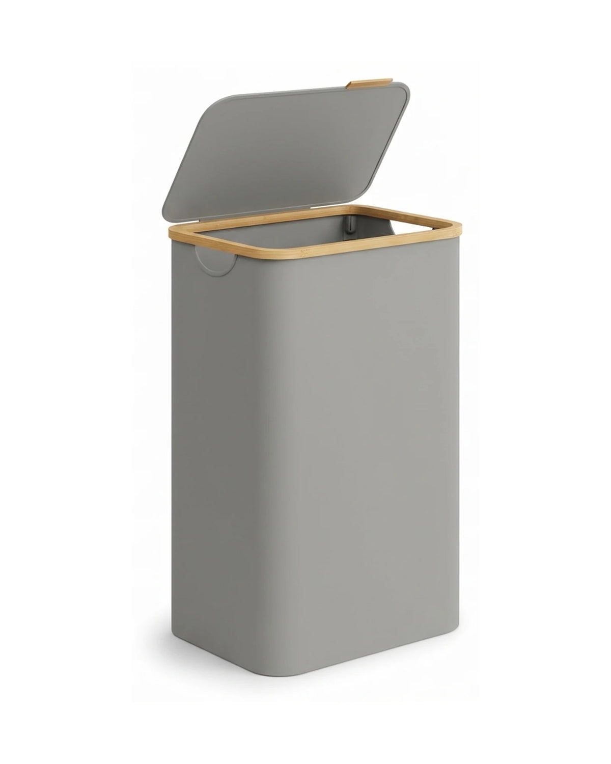 Panier à linge étroit 65 L gris clair avec couvercle relevé et bord en bambou