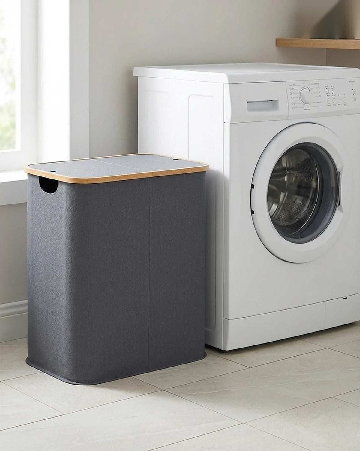 Panier à linge pliable 80 L gris à côté d'un lave-linge dans une buanderie, couvercle fermé
