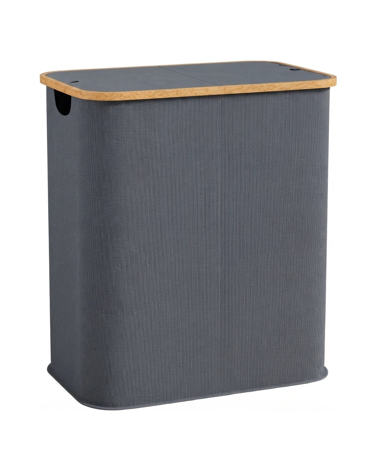 Panier à linge pliable 80 L gris à 2 compartiments, cadre bambou, sur fond blanc
