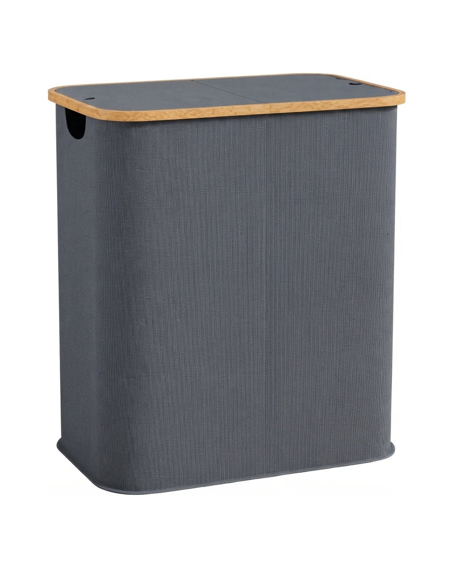 Panier à linge pliable 80 L gris à 2 compartiments, cadre bambou, sur fond blanc