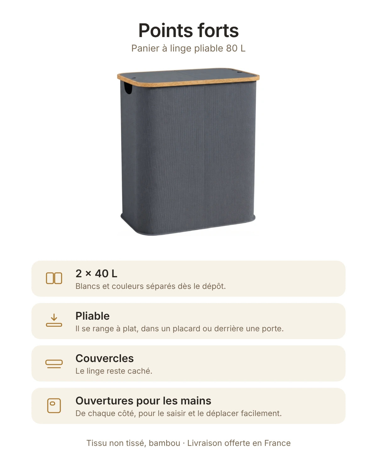 Points forts du panier à linge pliable 80 L : 2 compartiments de 40 L, pliable, couvercles, ouvertures pour les mains