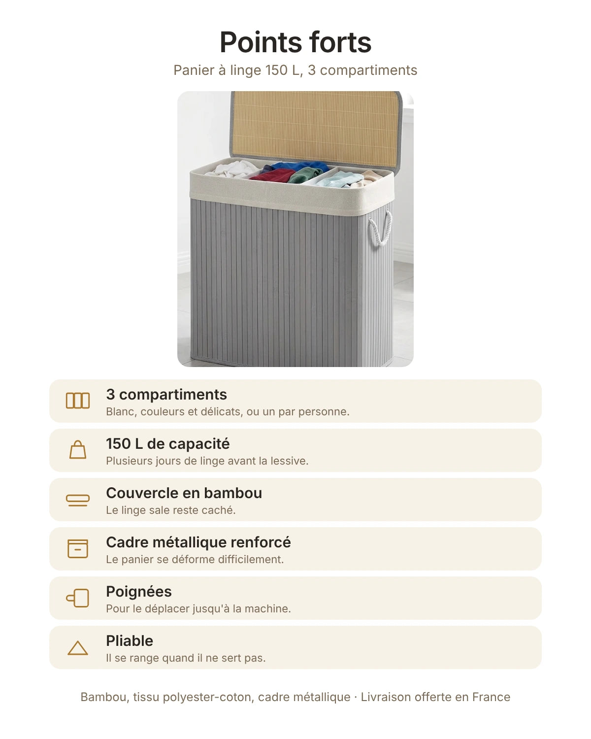 Points forts du panier à linge 150 L : 3 compartiments, couvercle en bambou, cadre métallique renforcé, poignées, pliable