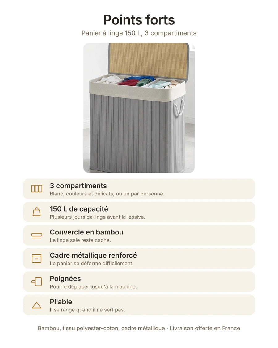Points forts du panier à linge 150 L : 3 compartiments, couvercle en bambou, cadre métallique renforcé, poignées, pliable
