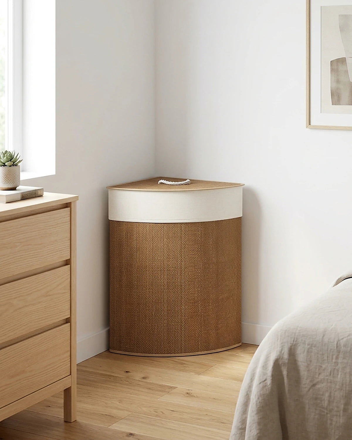 Panier à linge d'angle en bambou tressé marron 55 L, placé dans le coin d'une chambre à côté d'une commode