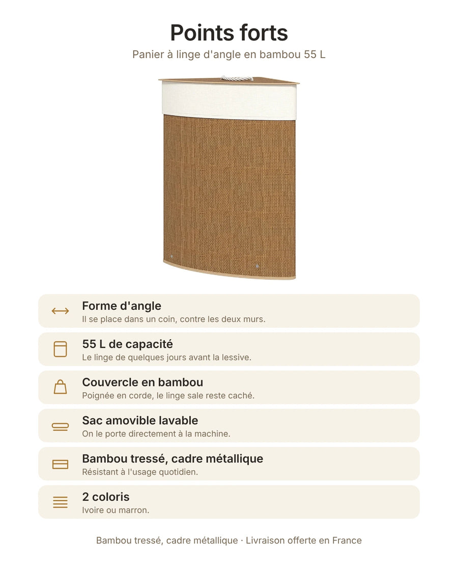 Points forts du panier à linge d'angle en bambou 55 L : forme d'angle, couvercle en bambou, sac amovible lavable, 2 coloris
