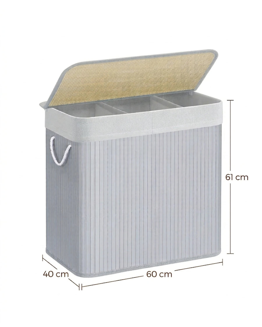 Panier à linge 150 L, 3 compartiments, couvercle bambou