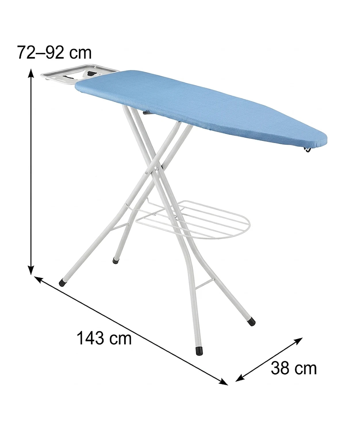 Schéma des dimensions de la table à repasser 120 x 38 cm : hauteur réglable de 72 à 92 cm, encombrement de 143 x 38 cm