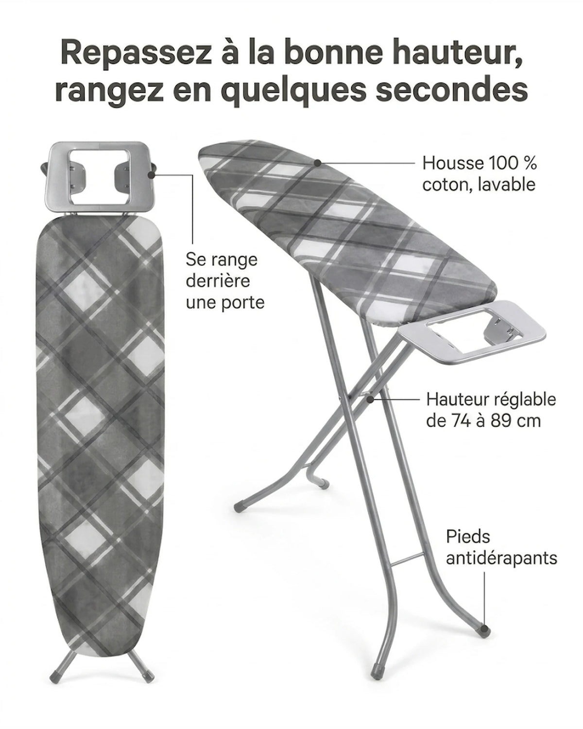 Table à repasser 114 x 34 cm : hauteur réglable de 74 à 89 cm, housse en coton et pieds antidérapants