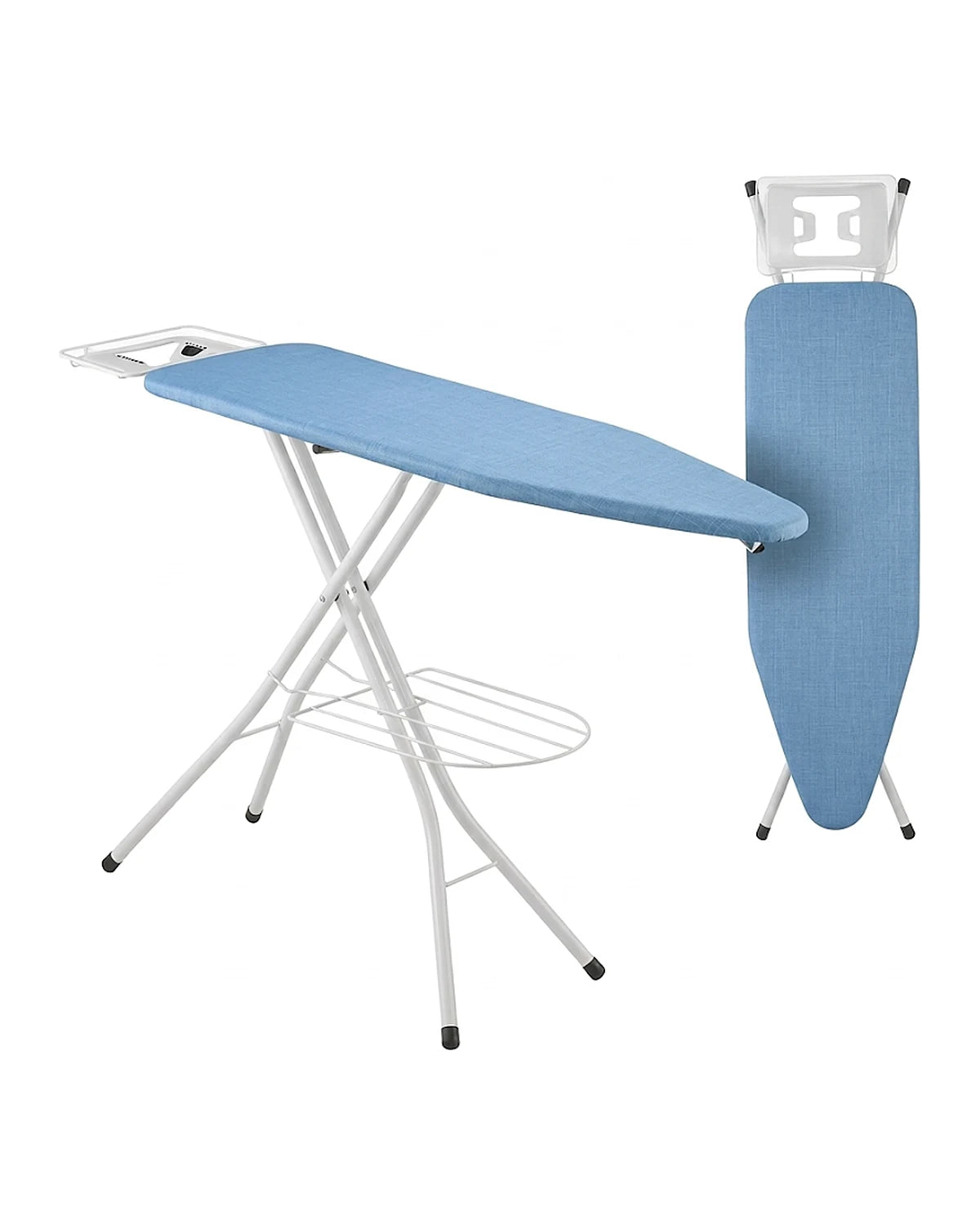 Table à repasser bleue 120 x 38 cm avec étagère sous le plateau, dépliée et vue rangée debout, sur fond blanc