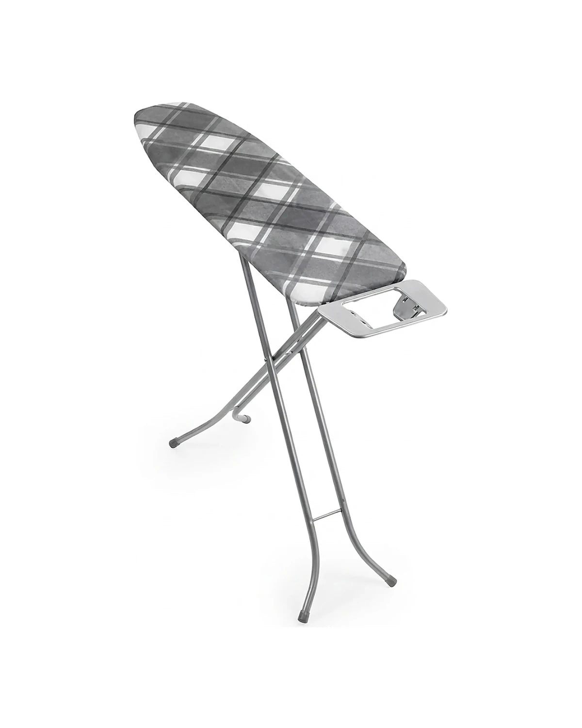 Table à repasser pliante 114 x 34 cm, plateau à carreaux gris, vue trois-quarts sur fond blanc